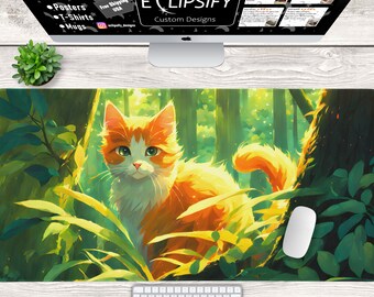 Tappetino per mouse a forma di gatto arancione, tappetino da scrivania kawaii, tappetino da scrivania a forma di gatto, tappetino per mouse a forma di animale, foresta, tappetino per mouse da gamer, tappetino da scrivania da gamer