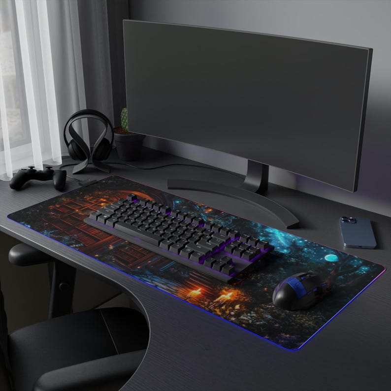 May include: A black and blue gaming keyboard and mouse on a colorful, galaxy-themed mousepad with a dark blue background. The mousepad has a glowing blue edge. The keyboard has a black and blue design with purple accents. The mouse is black with a blue scroll wheel.