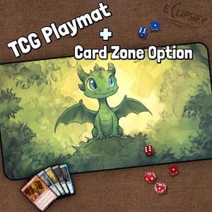 Tapete de juego TCG con dragón verde, chica gamer, kawaii, dibujo, tapete de juego MTG con zonas, fantasía, tapete de juego con dragón, regalos para gamers, juego de mesa