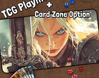 Fierce Anime Warrior Girl TCG Playmat, Fantasy Playmat With Zones, Epic Sword Anime Art, Magic Playmat, Gifts for Gamers, Board Game
