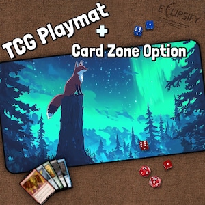 Tapis de jeu TCG renard anime mignon, forêt, bleu, tapis de jeu MTG coloré avec zones, tapis de jeu renard bleu, cadeaux pour les joueurs, jeu de société