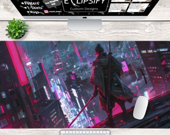May include: A cyberpunk-style mousepad featuring a lone figure in a white hooded coat standing on a rooftop overlooking a neon-lit cityscape. The figure is holding a katana sword. The mousepad is black with pink and blue accents.