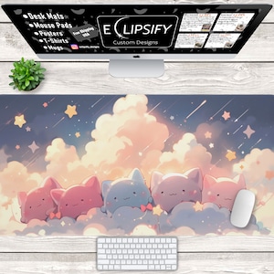 Cute Cats Pastel Clouds Lofi Mouse Pad, Cat Desk Mat, Cute Pastel Desk Mat, Cute Desk Mat, Gaming Mouse Pad, Desk Decor