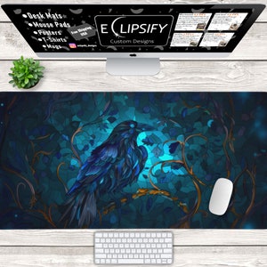 Raven Stained Glass Desk Mat, Crow Mouse Pad, Colorful, Blue Goth Mouse Pad, Blue, Dark Cottagecore, Floral, Gaming Mouse Pad, Gamer