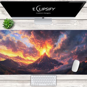Volcano Erupting Desk Mat, Lava, Red Mouse Pad, Neon Desk Mat, Landscape Mouse Pad, LED, Gaming Mouse Pad, Gaming Desk Mat, TCG Playmat