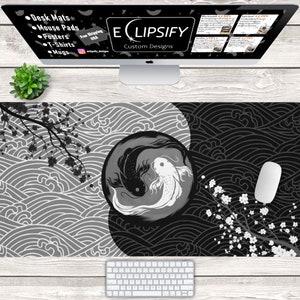 Yin Yang Koi Fisch Japanische Schreibtischmatte, Yin Yang Koi Fisch Japanische Mauspad, Schwarz und Weiß, Gamer Maus Pad, Gamer Schreibtischmatte