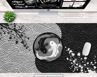 Yin Yang Koi Fish Japanese Desk Mat, Yin Yang Koi Fish Japanese Mouse Pad, Black and White, Gamer Mouse Pad, Gamer Desk Mat