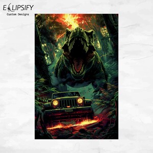 May include: A green Tyrannosaurus Rex dinosaur with a large mouth and sharp teeth roars at a black Jeep in a jungle setting. The Jeep has its headlights on and is driving through a path of fire.