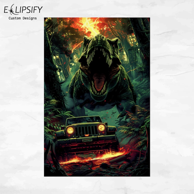 May include: A green Tyrannosaurus Rex dinosaur with a large mouth and sharp teeth roars at a black Jeep in a jungle setting. The Jeep has its headlights on and is driving through a path of fire.