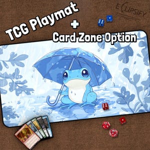 Lindo tapete de juego de TCG de rana azul, gotas de lluvia, kawaii, rana con paraguas, tapete de juego MTG con zonas, tapete de juego de rana, regalos para jugadores, juego de mesa