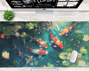 Koi Fish Kawaii Desk Mat, Japanese Cute Koi Fish Mouse Pad, Cute Floral Mouse Pad, Botanical Desk Mat, Yin Yang, Gaming Mouse Pad