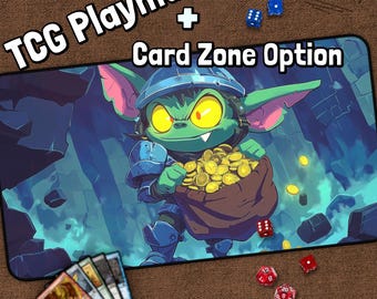 Cute Goblin TCG Playmat, Gold Playmat With Zones, Green, Cute Warrior, Stealing Gold Art, Fantasy, Playmat, Gifts for Gamers, Board Game