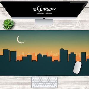 Stadt Skyline Mauspad, Stadt Skyline Schreibtischmatte, Mond Mauspad, Minimalistische Schreibtischmatte, Sonnenuntergang Mousepad, Gamer Schreibtischmatte, Gaming Mauspad