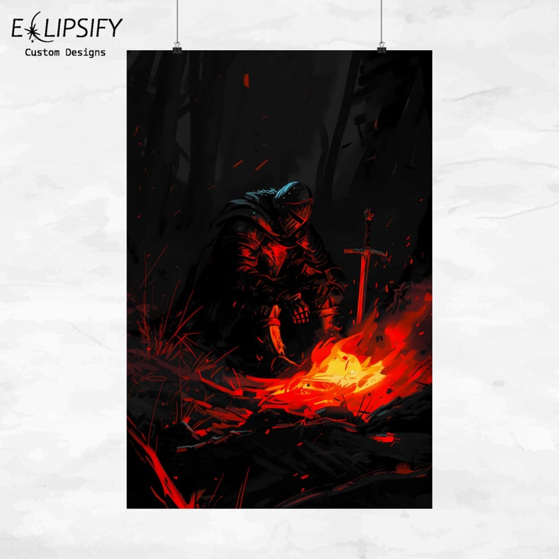 May include: A lone knight in black armor sits by a fiery campfire in a dark forest. The knight's sword is propped against a tree trunk, and the flames illuminate the scene.
