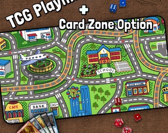 May include: A green and blue playmat with a city street design. The playmat features a school, a bank, a cafe, a book store, and a pharmacy. The playmat also includes a card zone option. The playmat is surrounded by dice.