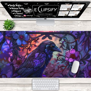 Crow Stained Glass Desk Mat, Crow Mouse Pad, Colorful, Purple Goth Mouse Pad, Purple, Dark Cottagecore, Floral, Gaming Mouse Pad, Gamer