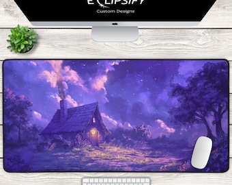 Purple Cottagecore Mouse Pad – Pastel Cozy Desk Mat, Cute Cottage Gaming Pad, Kawaii Aesthetic Desk Setup