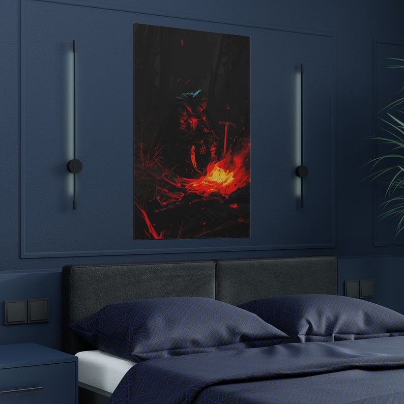 May include: A digital painting of a person in dark armor sitting by a campfire in a dark forest. The person is holding a sword and the fire is bright orange and yellow.
