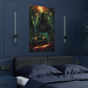 May include: A green Tyrannosaurus Rex dinosaur roars as it stands in a jungle setting. A green Jeep is driving through the jungle, with the dinosaur in the background. The image is a digital illustration.