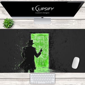 May include: A black and white illustration of a person in a hat and coat standing in front of a green door with a code of binary numbers. The background is black with white splatters of paint.
