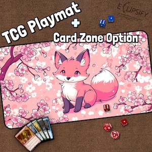 Tapete de juego TCG Cherry Blossom de Cute Fox, Kawaii Lofi, rosa, tapete de juego MTG colorido con zonas, tapete de juego Pink Fox, regalos para jugadores, juego de mesa