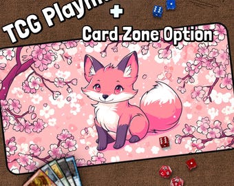 Tapete de juego TCG Cherry Blossom de Cute Fox, Kawaii Lofi, rosa, tapete de juego MTG colorido con zonas, tapete de juego Pink Fox, regalos para gamers, juego de mesa