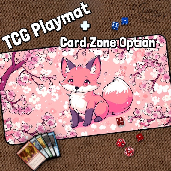 Cute Fox TCG Cherry Blossom Playmat, Kawaii Lofi, Pink, Colorful