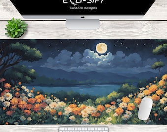 Flower Mousepad, Flower Desk Mat, Moon Desk Mat, Wildflowers Desk Mat, Moon Mousepad, Wildflower Desk Mat, Gaming Mouse Pad, Gaming Desk Mat