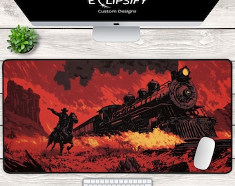 Red Outlaw Cowboy Train Heist Gaming Mouse Pad, Gaming Desk Mat, Train outlaw Mouse Pad, Red Desk Mat, Outlaw Mouse Pad