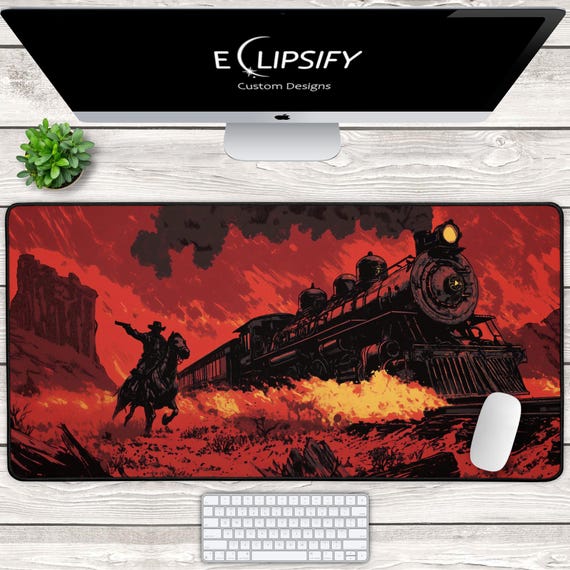 Red Outlaw Cowboy Train Heist Gaming Mouse Pad, Gaming Desk Mat, Train outlaw Mouse Pad, Red Desk Mat, Outlaw Mouse Pad