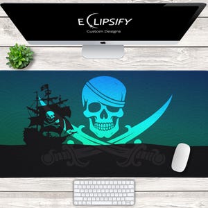 Piraten Mauspad, Piraten Schreibtischmatte, Totenkopf Mauspad, Minimalistisch, Wellen Muster, Piratenschiff, Gaming Mauspad, Gaming Mauspad