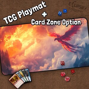 Tapis de jeu Phoenix Bird TCG, magie, tapis de jeu Phoenix magique avec zones, tapis de jeu feu, nuages et montagnes, cadeaux pour les joueurs, jeu de société