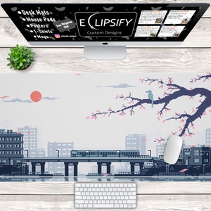 Japanese Pixel Art Mouse Pad, Minimalist Desk Mat, Pixel Art Mouse Pad, Cherry Blossom Desk Mat, City Desk Mat, Gaming Mouse Pad