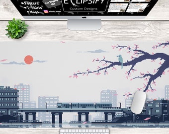 Japanese Pixel Art Mouse Pad, Minimalist Desk Mat, Pixel Art Mouse Pad, Cherry Blossom Desk Mat, City Desk Mat, Gaming Mouse Pad