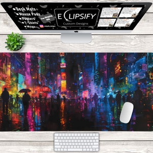 Cyberpunk City Desk Mat, Neon City Mouse Pad, Retro Vaporwave City Desk Pad, Futuristic City, Colorful, Fantasy Playmat, Gaming Mouse Pad