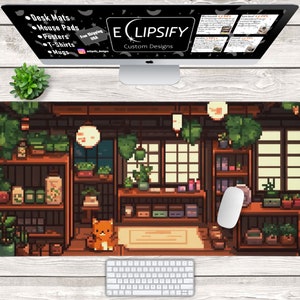 Japanese Pixel Art Cat Mouse Pad, Pixel Art Cat Desk Mat, Kawaii Cat Pixel Art, Cute Desk Mat, Gamer Mouse Pad, Gamer Desk Mat