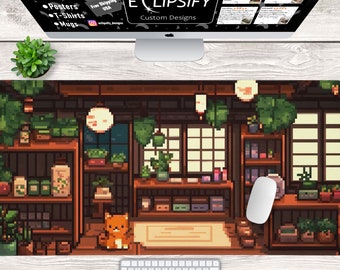 Japanese Pixel Art Cat Mouse Pad, Pixel Art Cat Desk Mat, Kawaii Cat Pixel Art, Cute Desk Mat, Gamer Mouse Pad, Gamer Desk Mat