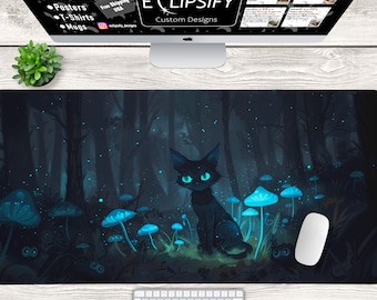 Black Cat Mouse Pad, Kawaii, Cute Cat, Cat, Blue, Cottage Core Desk Mat, Mushroom Core, Cute Desk Mat, Gamer Mouse Pad, Gaming Desk Mat