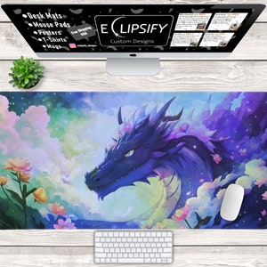 Anime Blue Dragon Schreibtischmatte, blau, niedlich, Blumendrache, Anime Maus Pad, Drachen Schreibtischmatte, Kawaii Mauspad, Gaming Mauspad, Gaming Schreibtischmatte