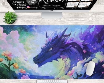 Anime Blue Dragon Desk Mat, Blue, Cute, Flower Dragon, Anime Mouse Pad, Dragon Desk Mat, Kawaii Mouse Pad, Gaming Mouse Pad, Gaming Desk Mat