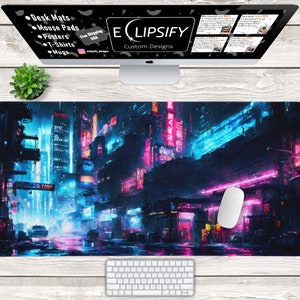 Retro Vaporwave City RGB LED Gaming Mouse Pad, Japanese RGB Gaming Desk Pad, Cyber Punk Gaming Desk Mat