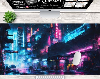 Retro Vaporwave City RGB LED Gaming Mouse Pad, Japanese RGB Gaming Desk Pad, Cyber Punk Gaming Desk Mat