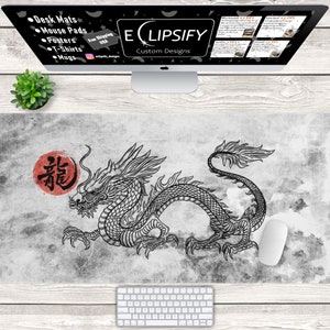 Japanischer Drache Mauspad, schwarze Schreibtischmatte, Minimalistische Schreibtischmatte, schwarz und weiß, Japanisches Mauspad, Gamer Mauspad, Gamer Schreibtischmatte, Anime