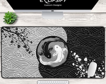 Yin Yang Koi Fish Japanese Desk Mat, Yin Yang Koi Fish Japanese Mouse Pad, Black and White, Gamer Mouse Pad, Gamer Desk Mat