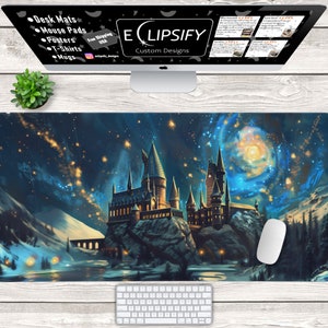 Wizard Castle Desk Mat, Wizard Castle Mouse Pad, Wizarding World, Starry Night, Blue Mouse Pad, Gaming Mouse Pad, Gamer Desk Mat