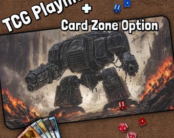 May include: A black and grey playmat with a large robot in the center. The playmat has a card zone option and the text "TCG Playmat + Card Zone Option" at the top. There are dice on the playmat.