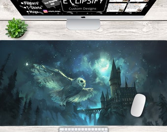 Wizard Castle Desk Mat, Wizard Castle Mouse Pad, Magical Castle, Blue, Pastel, Magical Owl Patronus, Bright Moon, Gaming Mouse Pad, Desk Mat