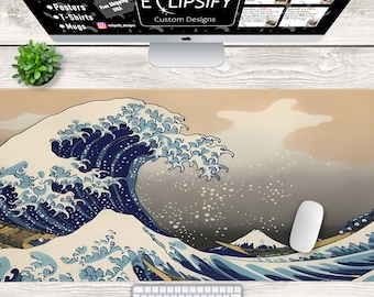 Great Wave musmatta, Den stora vågen utanför Kanagawa, Hokusai, japansk, solnedgångsskrivbordsmatta, Gamer musmatta, Gamer skrivbordsmatta