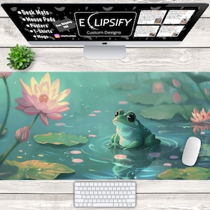 Cute Lofi Kawaii Frog Desk Mat, Frog Mouse Pad, Kawaii Gaming Mouse Pad, Frog Deskpad, Lily Pad Mat Cute Desk Accessories, Kawaii Desk Decor