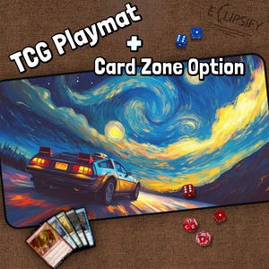 デロリアン TCG プレイマット、バックトゥ、タイムトラベル、星月夜、ゾーン付き MTG プレイマット、未来、映画プレイマット、ゲーマーへのギフト、ボードゲーム